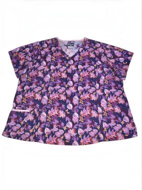 Butter Soft Plus Size 4X Scrub Top Women Purple Pink Fall Leaves Vibrant Nurse